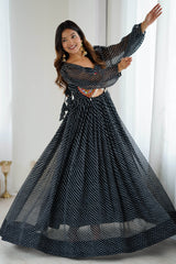 Black Georgette Leheriya Kurti with Kachchi Work