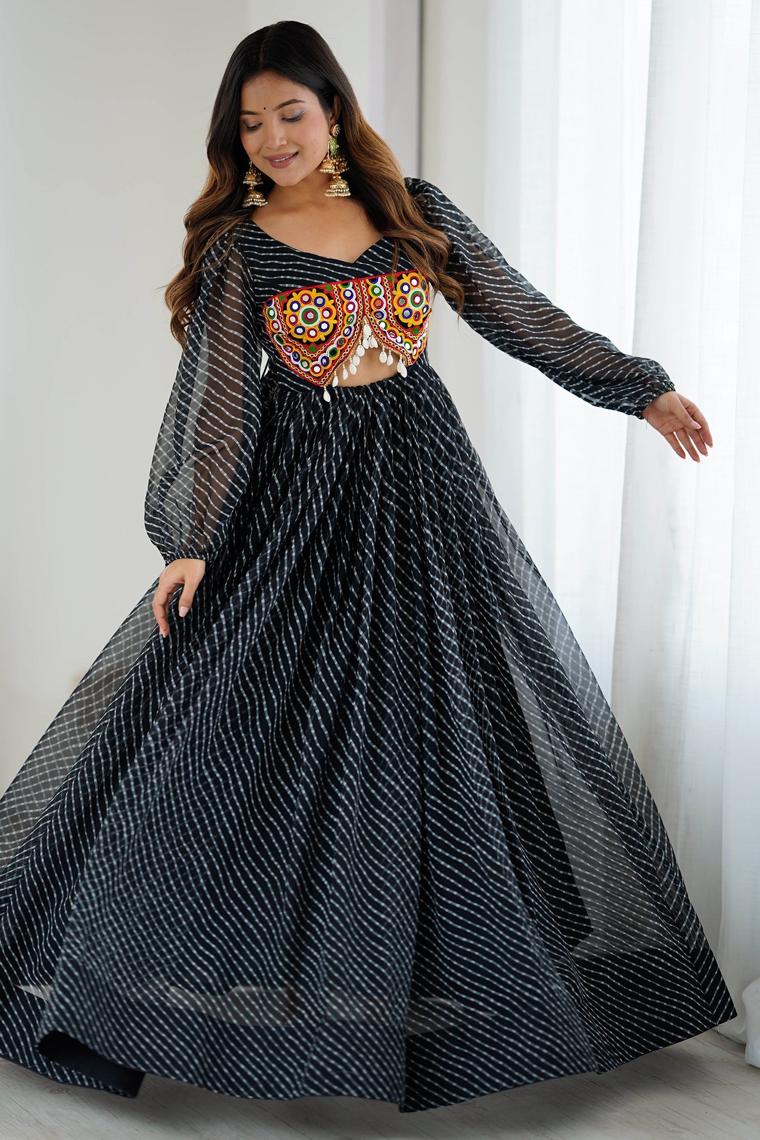Black Georgette Leheriya Kurti with Kachchi Work