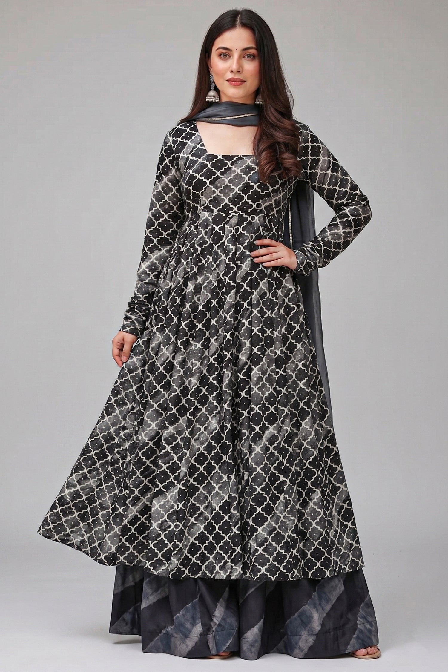 Grey and Black Muslin Printed Flared Anarkali Kurti Set - red muslin saree