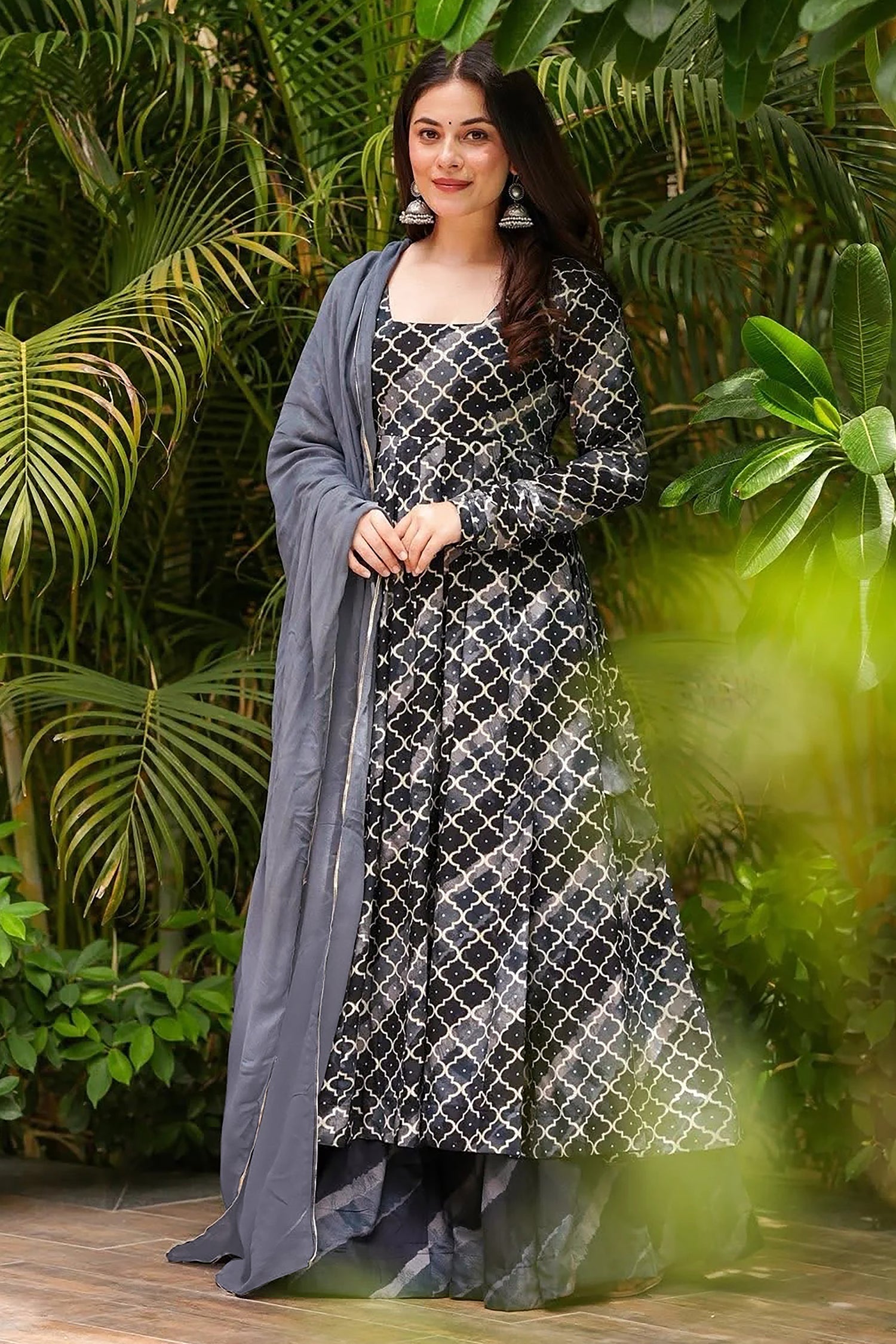 Grey and Black Muslin Printed Flared Anarkali Kurti Set