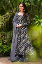 Grey and Black Muslin Printed Flared Anarkali Kurti Set - red muslin saree