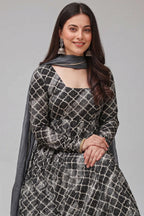 Grey and Black Muslin Printed Flared Anarkali Kurti Set - red muslin saree