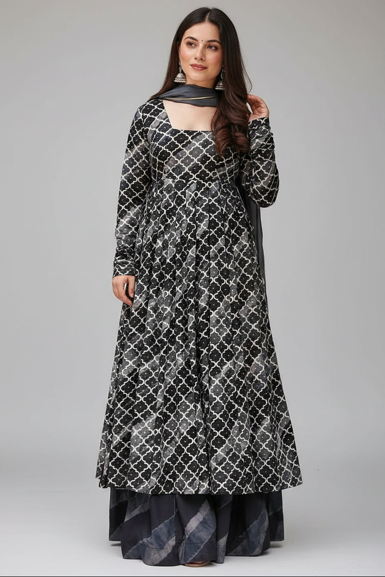Grey and Black Muslin Printed Flared Anarkali Kurti Set - red muslin saree