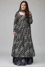 Grey and Black Muslin Printed Flared Anarkali Kurti Set - red muslin saree