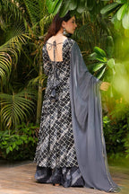 Grey and Black Muslin Printed Flared Anarkali Kurti Set - red muslin saree