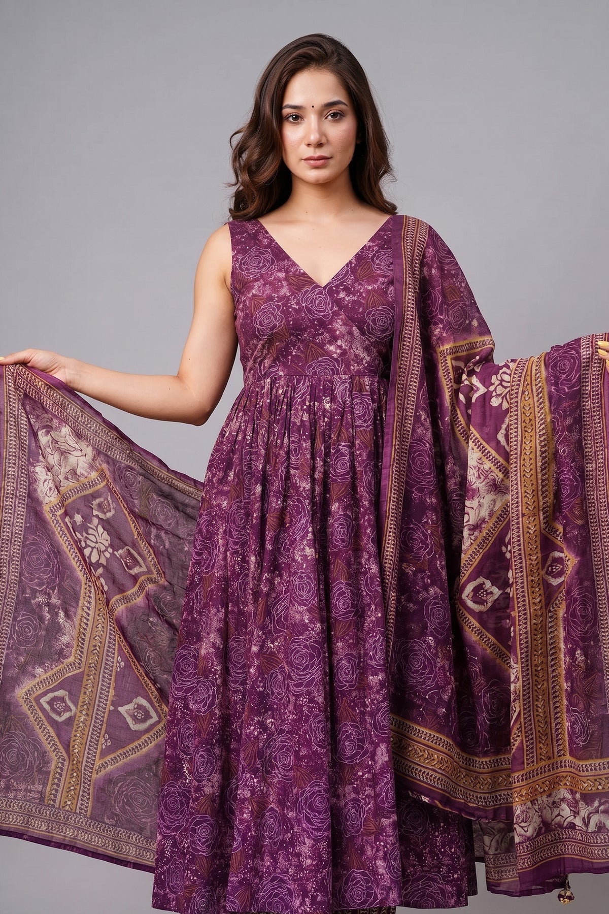 Purple Muslin Printed Flared Anarkali Kurti Set - red muslin saree