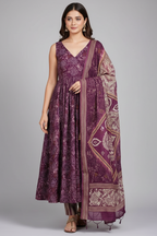 Purple Muslin Printed Flared Anarkali Kurti Set - red muslin saree