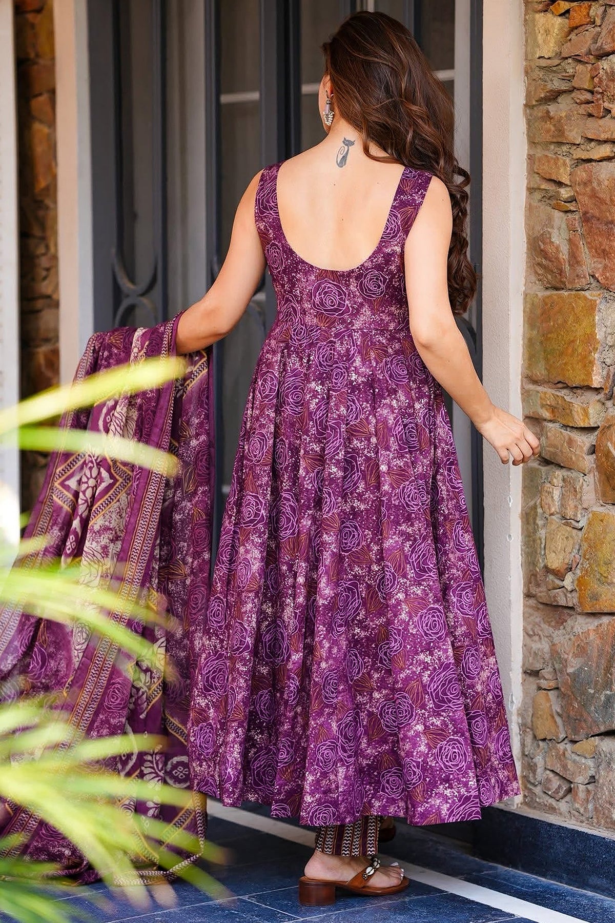 Purple Muslin Printed Flared Anarkali Kurti Set - red muslin saree