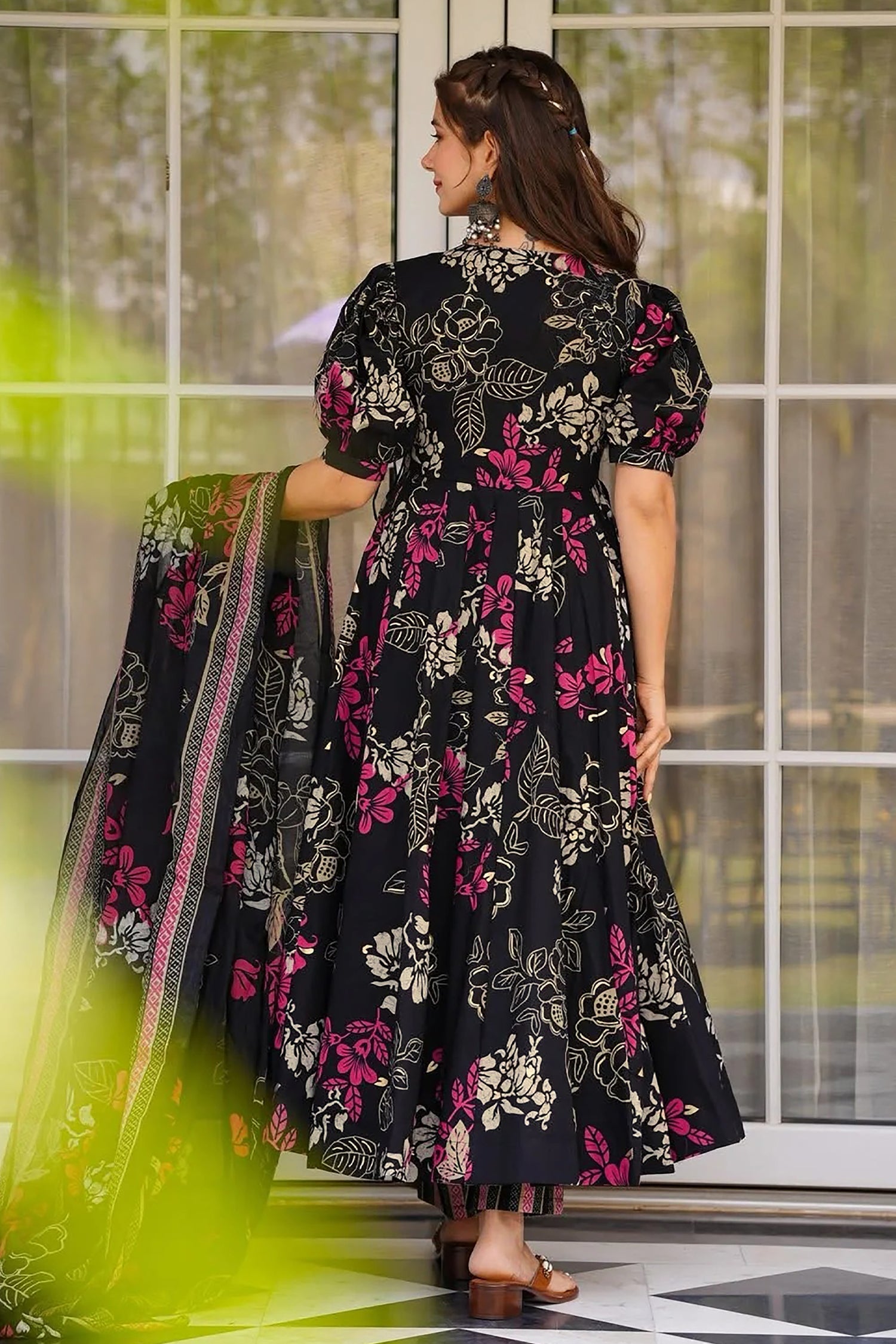Black Muslin Printed Flared Anarkali Kurti Set
