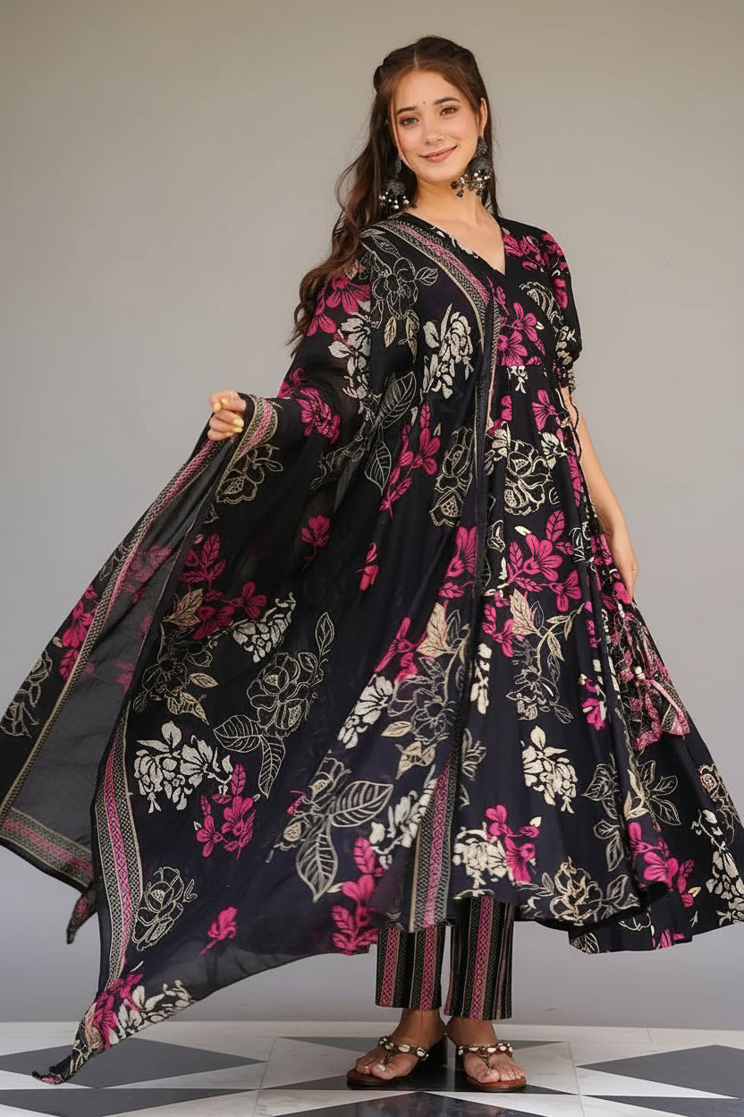 Black Muslin Printed Flared Anarkali Kurti Set - red muslin saree