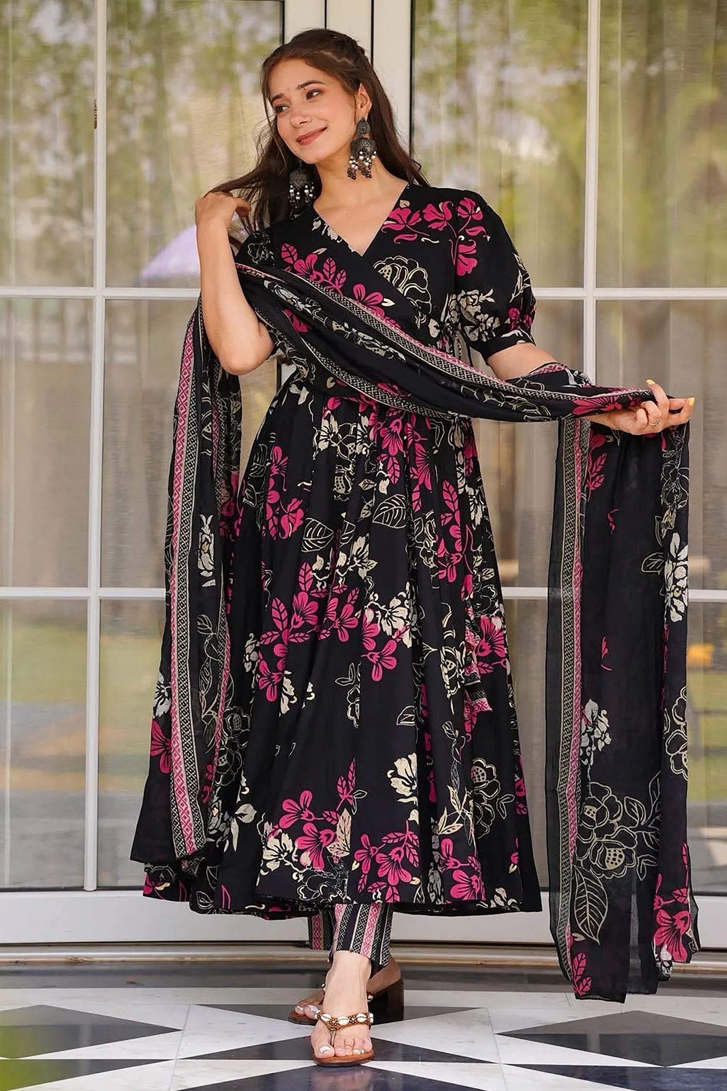 Black Muslin Printed Flared Anarkali Kurti Set