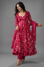 Dark Pink Muslin Printed Flared Anarkali Kurti Set - red muslin saree