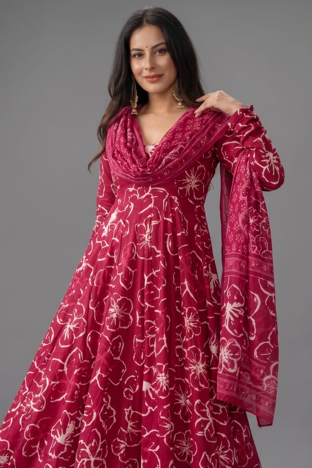 Dark Pink Muslin Printed Flared Anarkali Kurti Set - red muslin saree