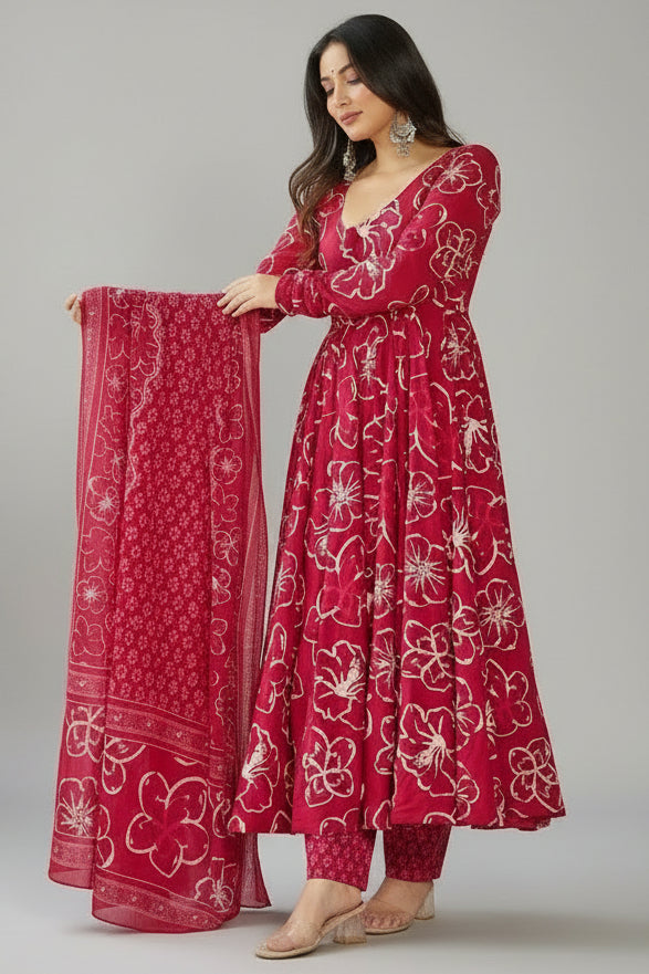 Dark Pink Muslin Printed Flared Anarkali Kurti Set - red muslin saree