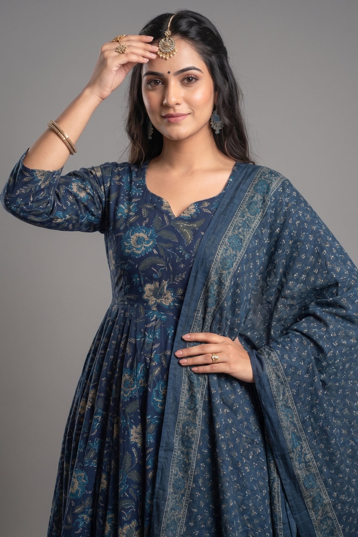 Navy Blue Muslin Printed Flared Anarkali Kurti Set - red muslin saree