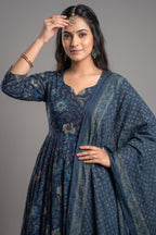 Navy Blue Muslin Printed Flared Anarkali Kurti Set - red muslin saree