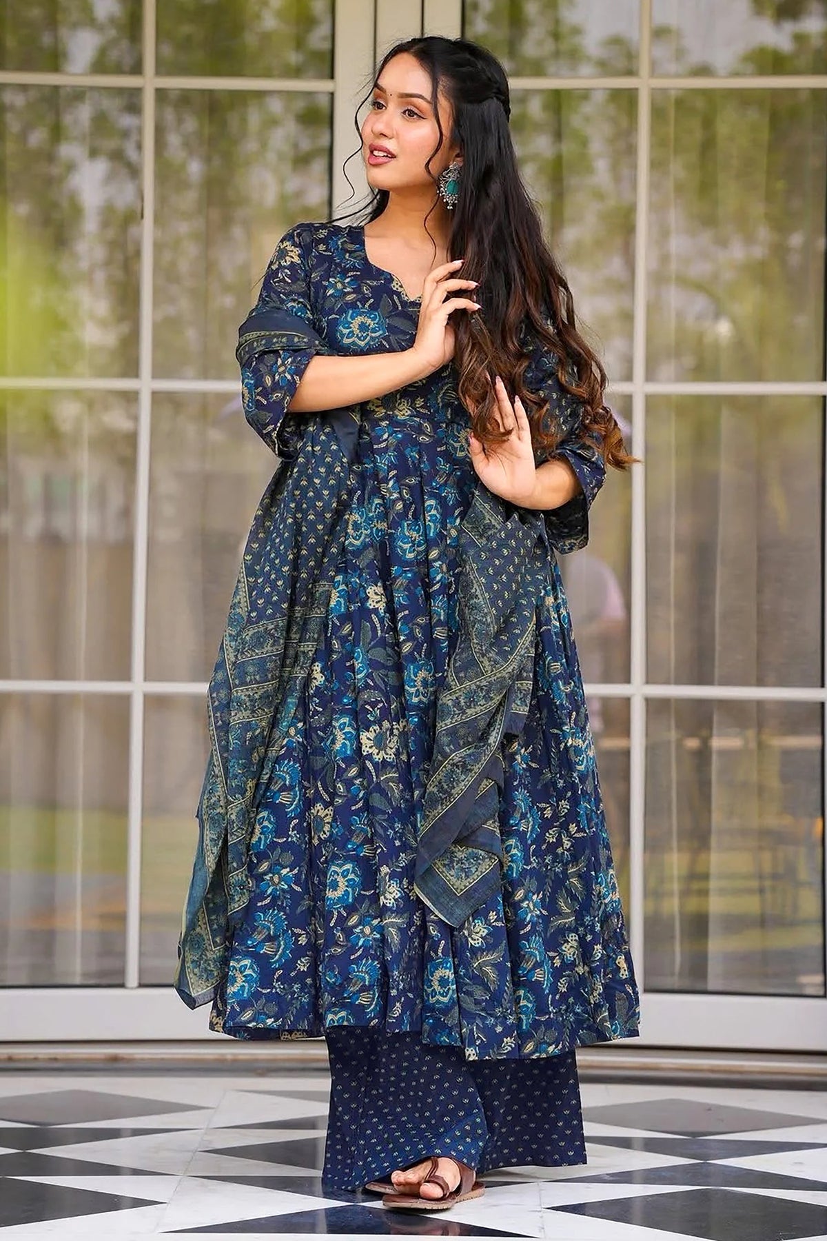 Navy Blue Muslin Printed Flared Anarkali Kurti Set - red muslin saree