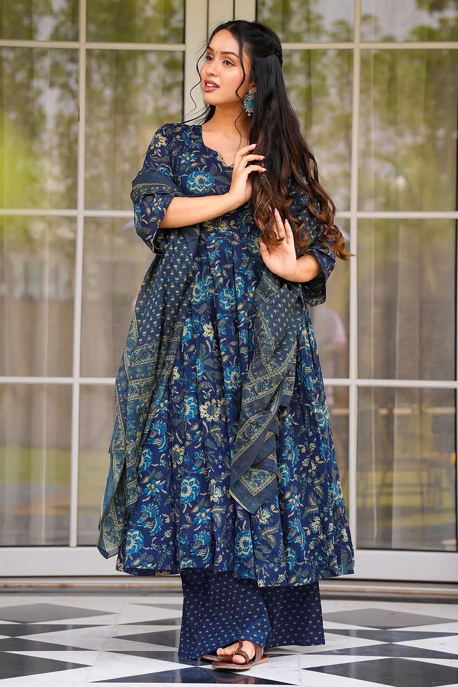 Navy Blue Muslin Printed Flared Anarkali Kurti Set - red muslin saree