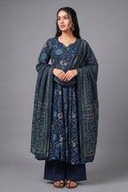 Navy Blue Muslin Printed Flared Anarkali Kurti Set - red muslin saree