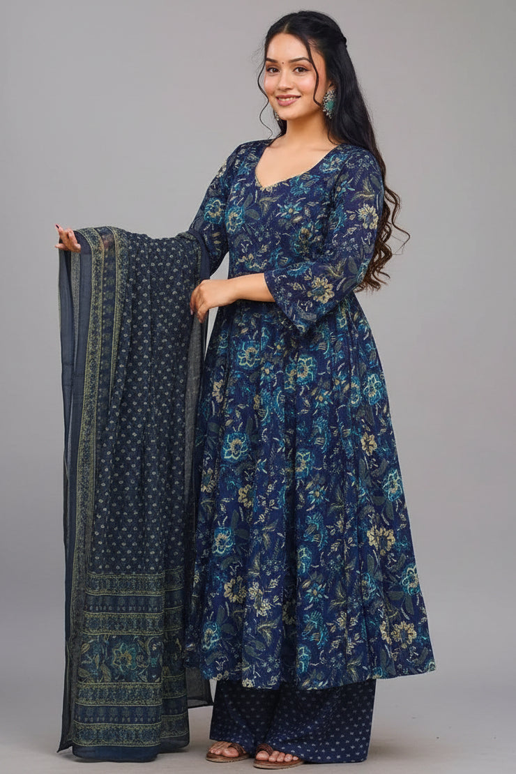 Navy Blue Muslin Printed Flared Anarkali Kurti Set - red muslin saree