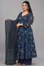 Navy Blue Muslin Printed Flared Anarkali Kurti Set - red muslin saree