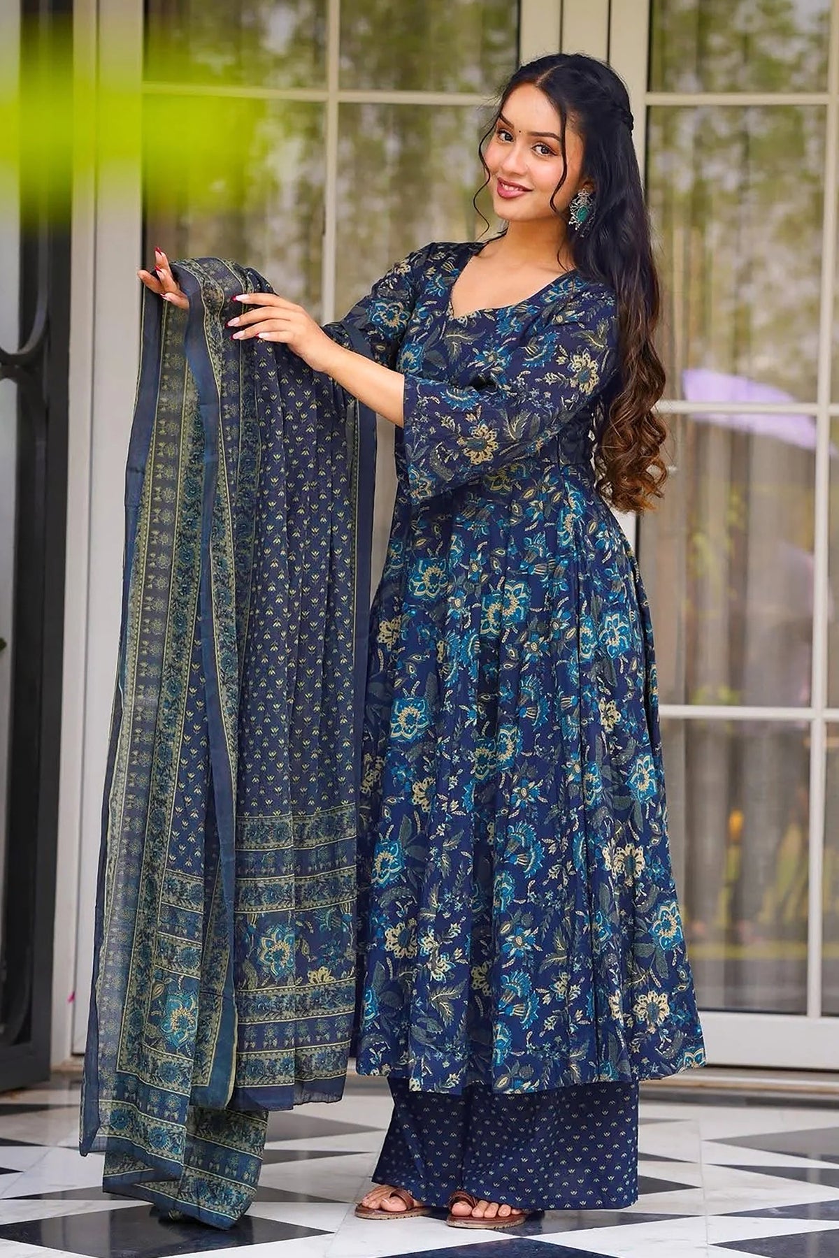 Navy Blue Muslin Printed Flared Anarkali Kurti Set