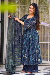 Navy Blue Muslin Printed Flared Anarkali Kurti Set