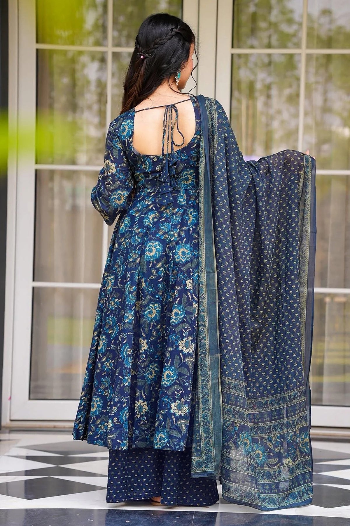 Navy Blue Muslin Printed Flared Anarkali Kurti Set - red muslin saree