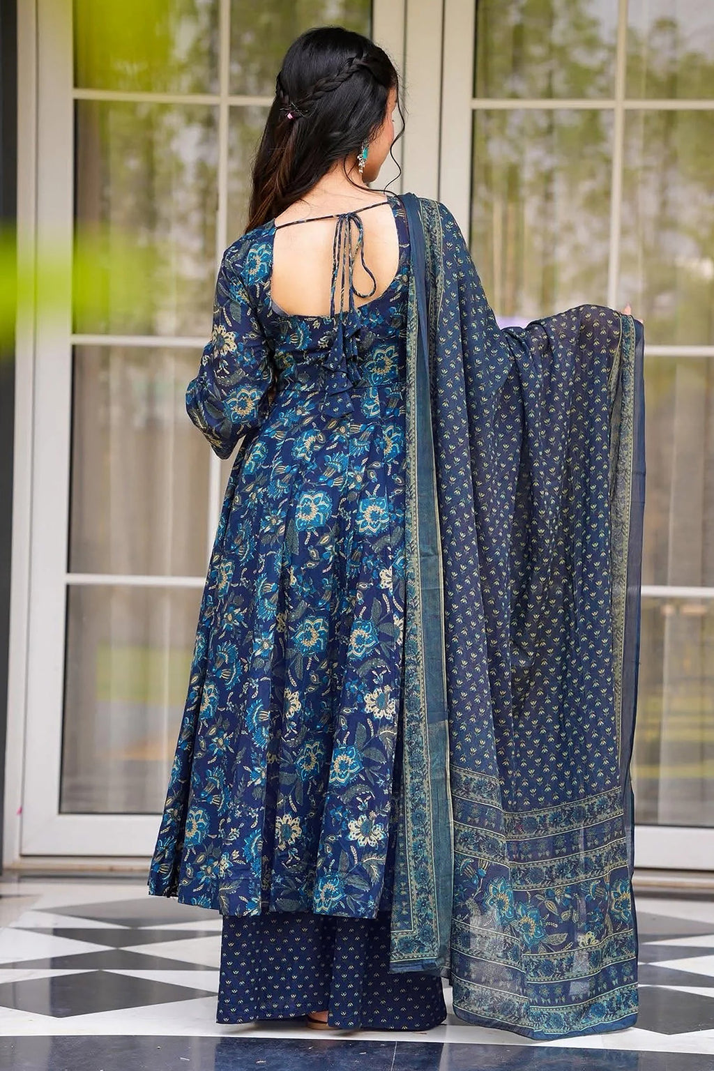 Navy Blue Muslin Printed Flared Anarkali Kurti Set - red muslin saree