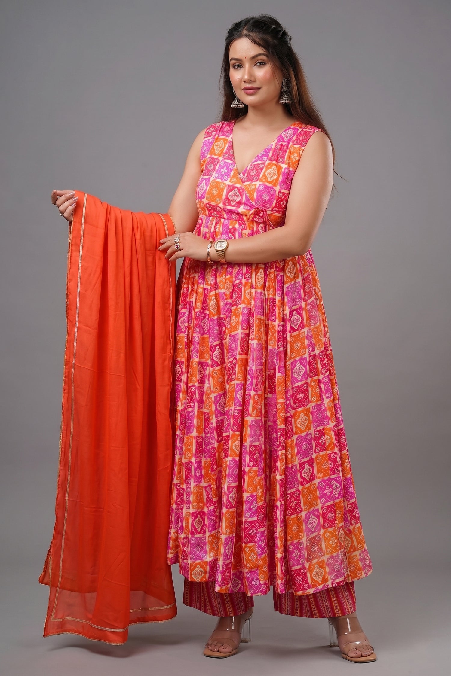 Orange Pink  Muslin Printed Flared Anarkali Kurti Set - red muslin saree