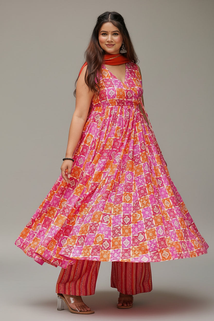 Orange Pink  Muslin Printed Flared Anarkali Kurti Set - red muslin saree