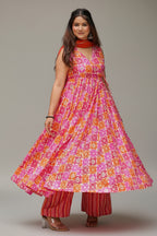Orange Pink  Muslin Printed Flared Anarkali Kurti Set - red muslin saree