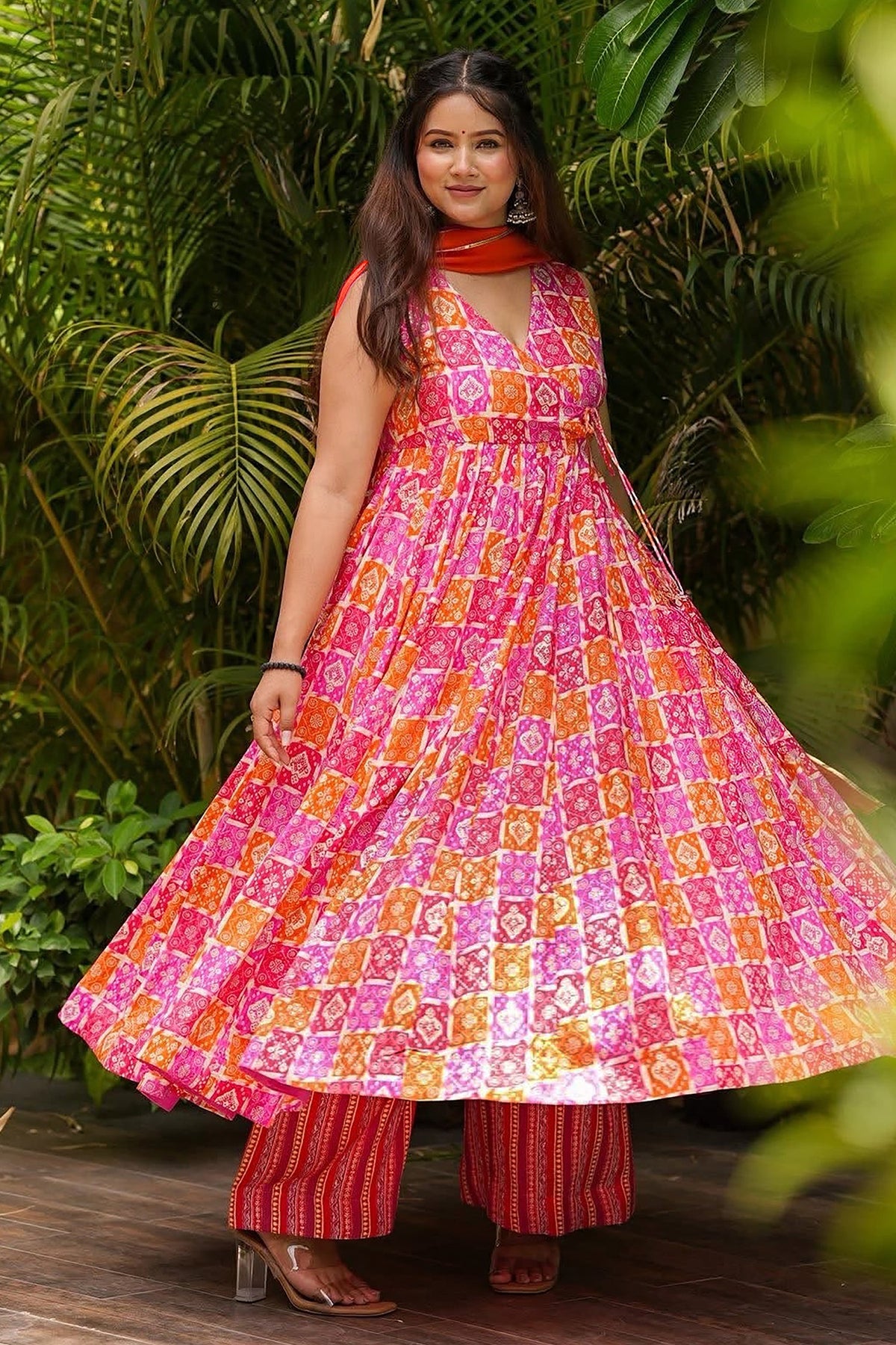 Orange Pink  Muslin Printed Flared Anarkali Kurti Set