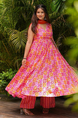 Orange Pink  Muslin Printed Flared Anarkali Kurti Set