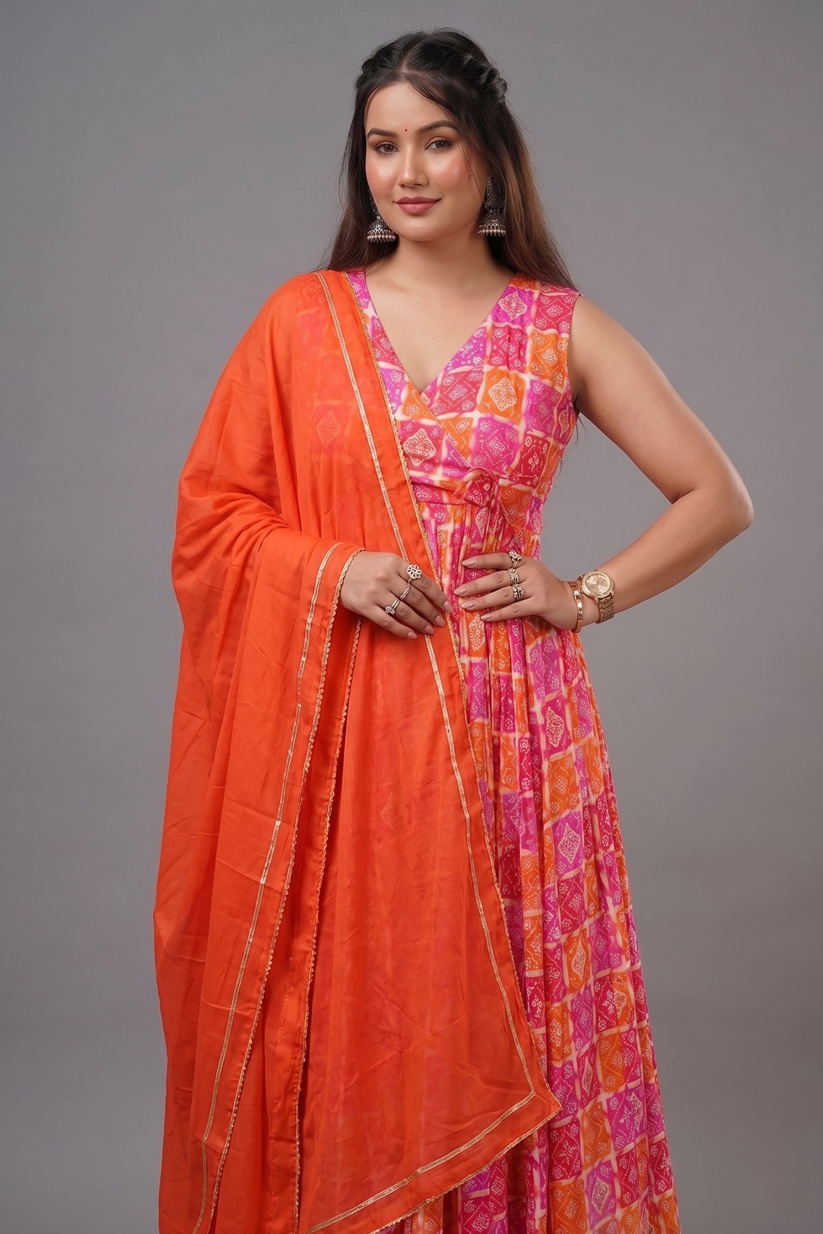 Orange Pink  Muslin Printed Flared Anarkali Kurti Set - red muslin saree