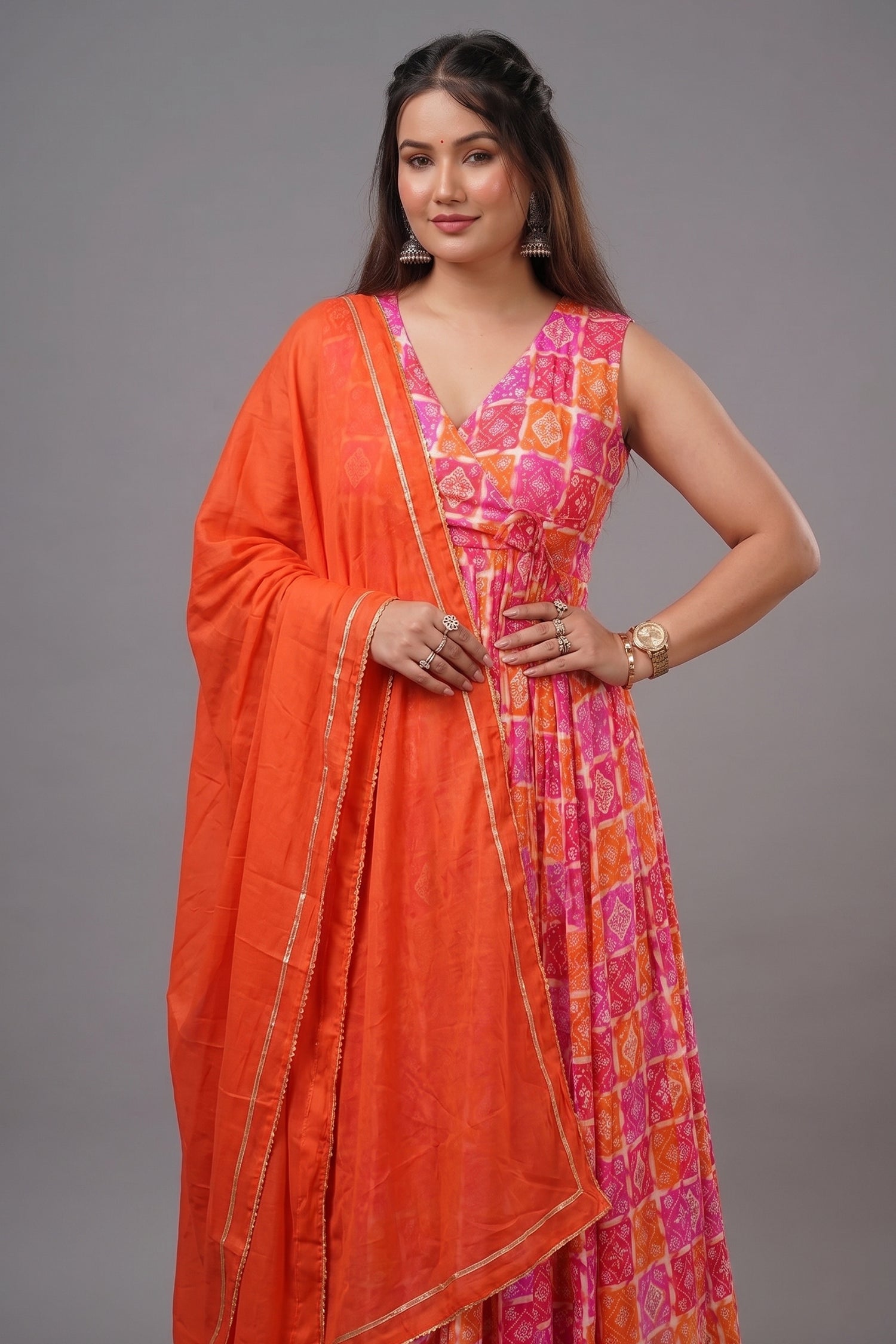 Orange Pink  Muslin Printed Flared Anarkali Kurti Set - red muslin saree