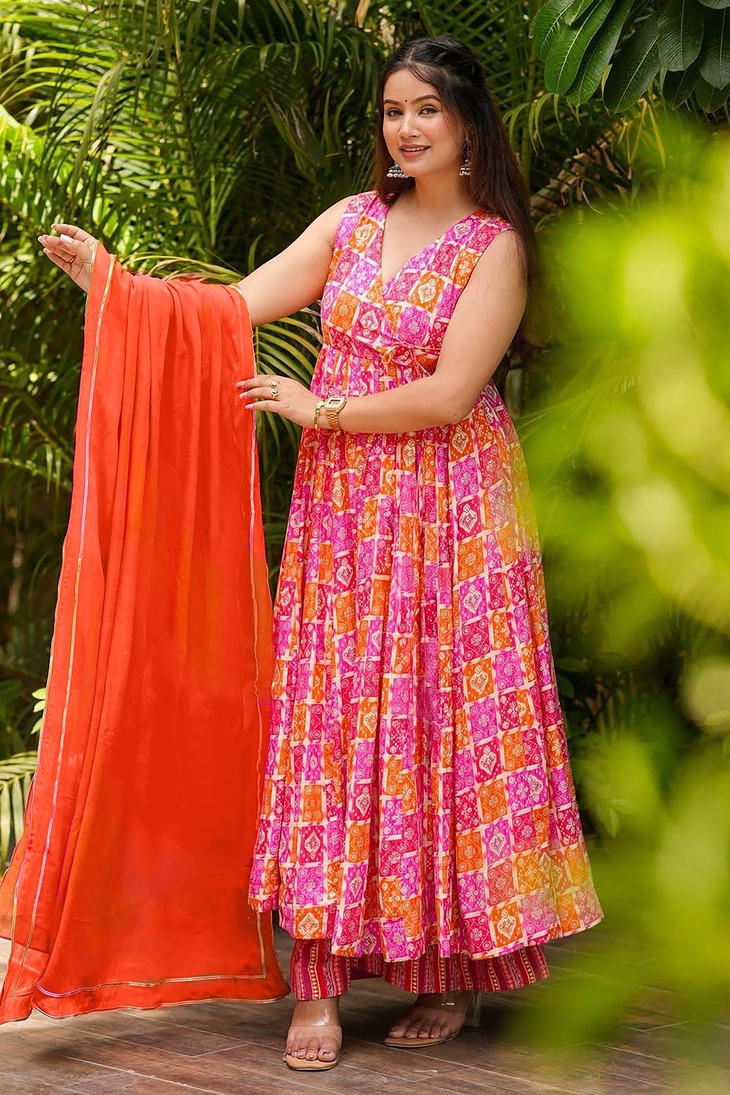 Orange Pink  Muslin Printed Flared Anarkali Kurti Set