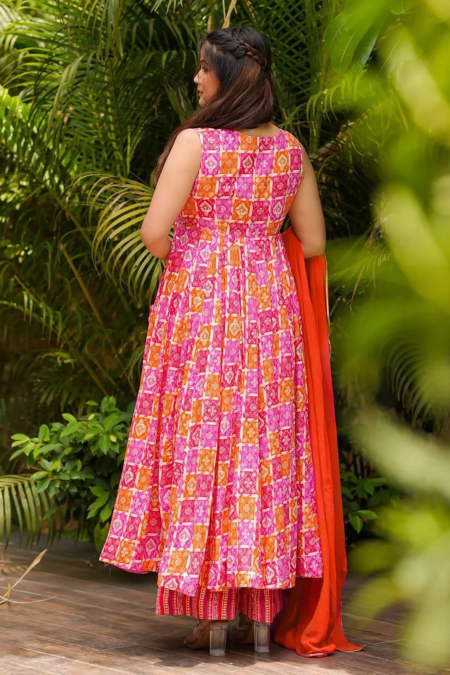 Orange Pink  Muslin Printed Flared Anarkali Kurti Set