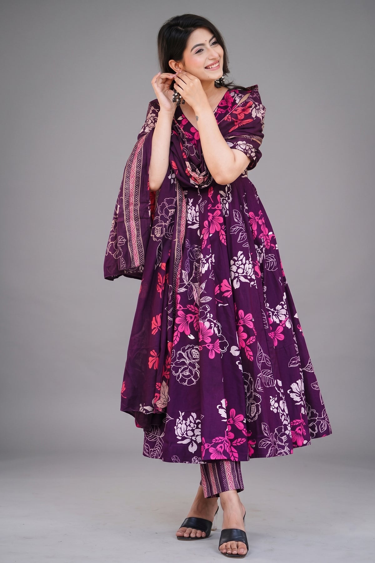 Dark Purple Muslin Printed Flared Anarkali Kurti Set - red muslin saree