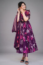 Dark Purple Muslin Printed Flared Anarkali Kurti Set - red muslin saree