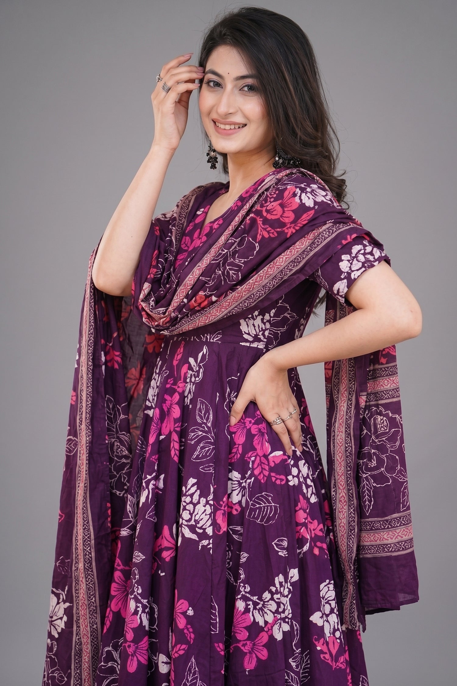 Dark Purple Muslin Printed Flared Anarkali Kurti Set - red muslin saree