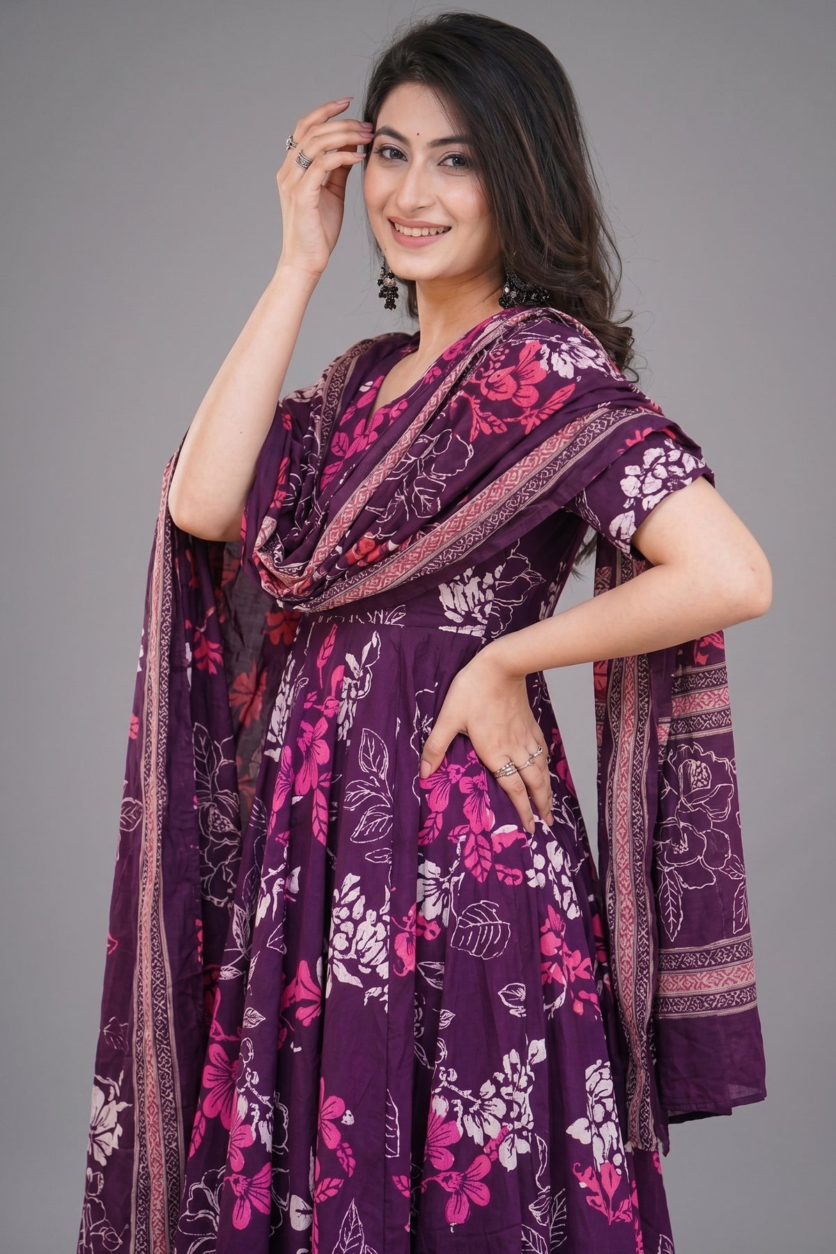 Dark Purple Muslin Printed Flared Anarkali Kurti Set - red muslin saree