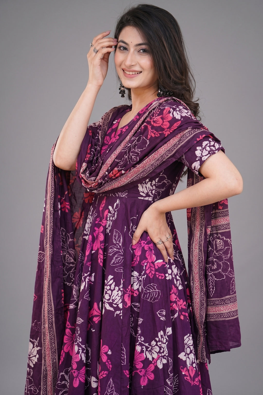 Dark Purple Muslin Printed Flared Anarkali Kurti Set - red muslin saree