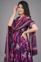 Dark Purple Muslin Printed Flared Anarkali Kurti Set - red muslin saree