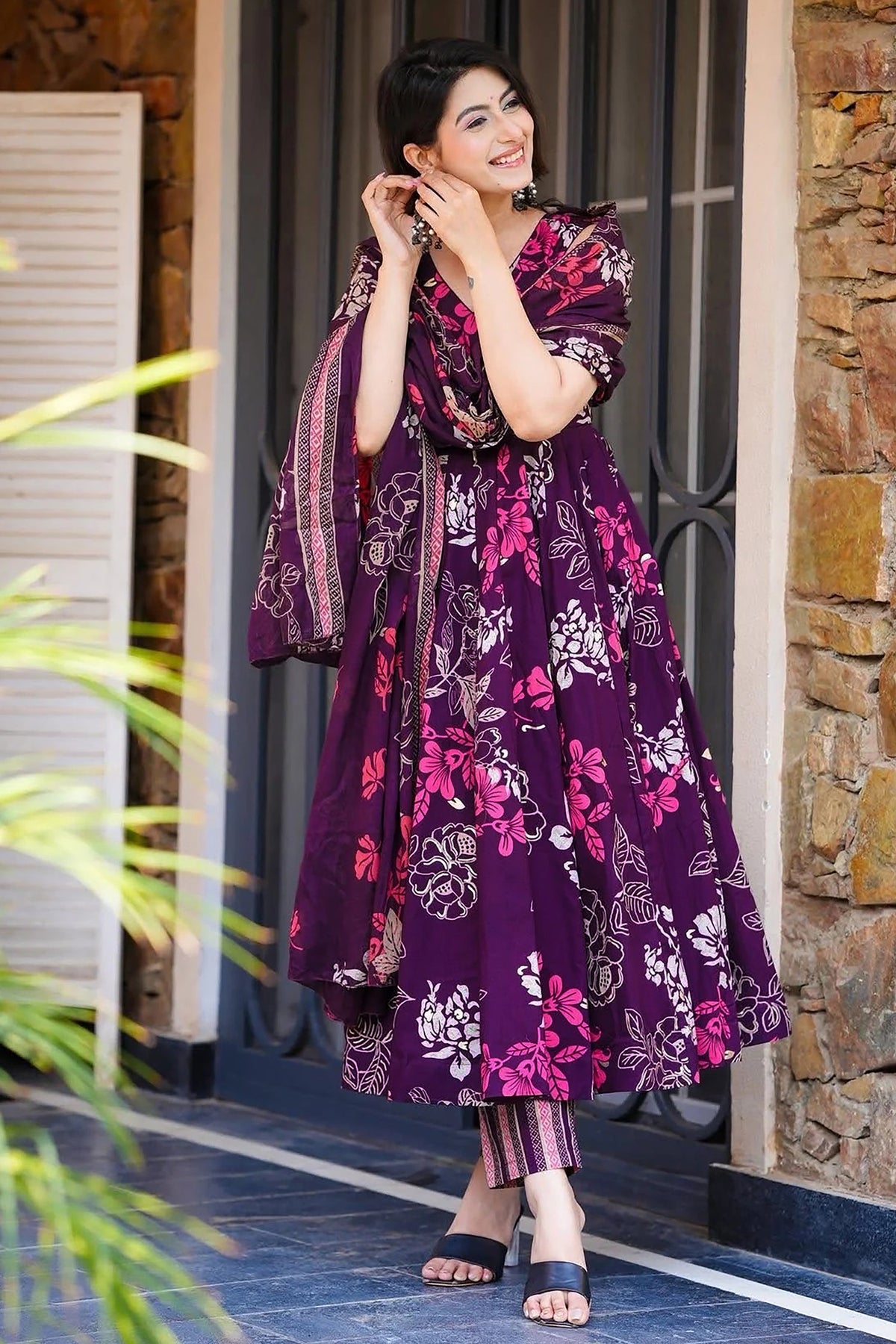 Dark Purple Muslin Printed Flared Anarkali Kurti Set - red muslin saree