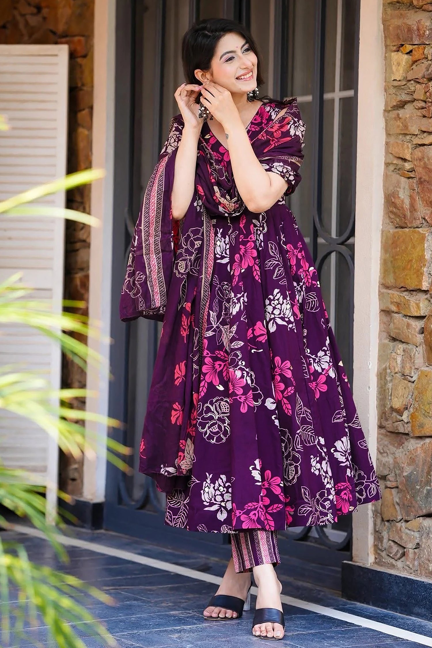 Dark Purple Muslin Printed Flared Anarkali Kurti Set - red muslin saree