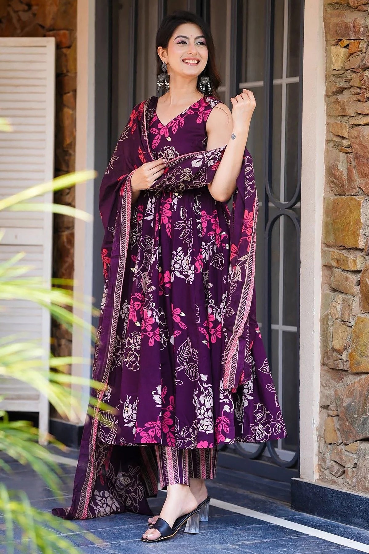 Dark Purple Muslin Printed Flared Anarkali Kurti Set - red muslin saree