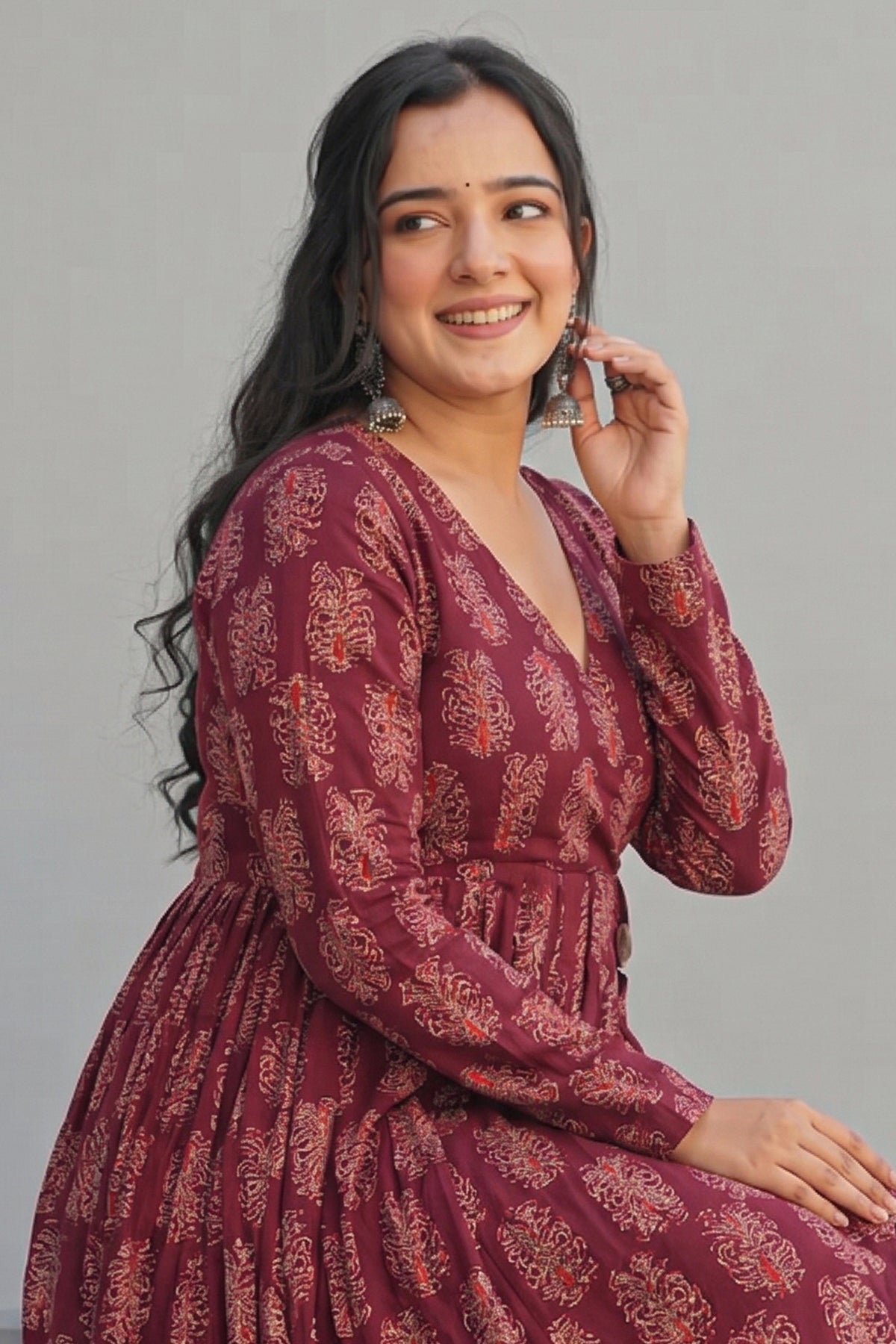 Magenta Rayon Anarkali Printed Kurti - magenta rayon saree