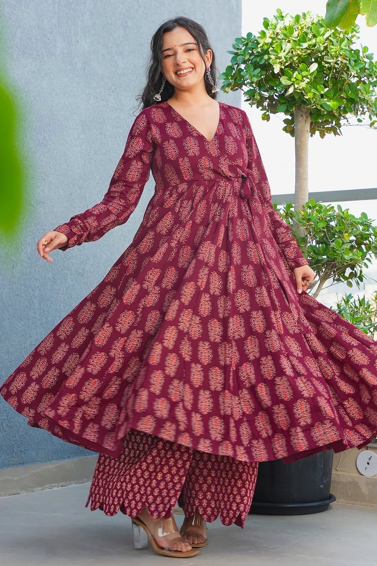 Magenta Rayon Anarkali Printed Kurti - magenta rayon saree
