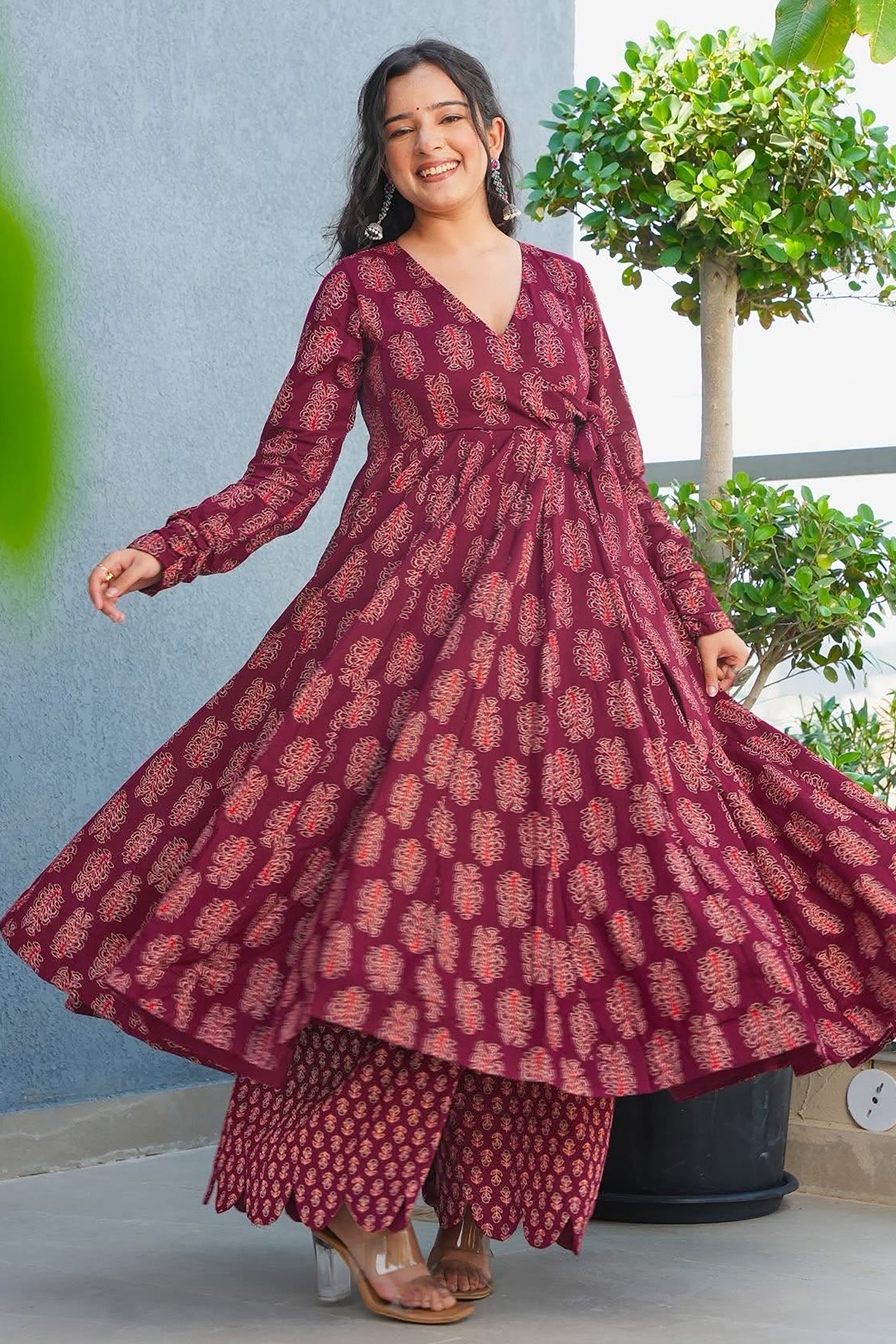 Magenta Rayon Anarkali Printed Kurti - magenta rayon saree